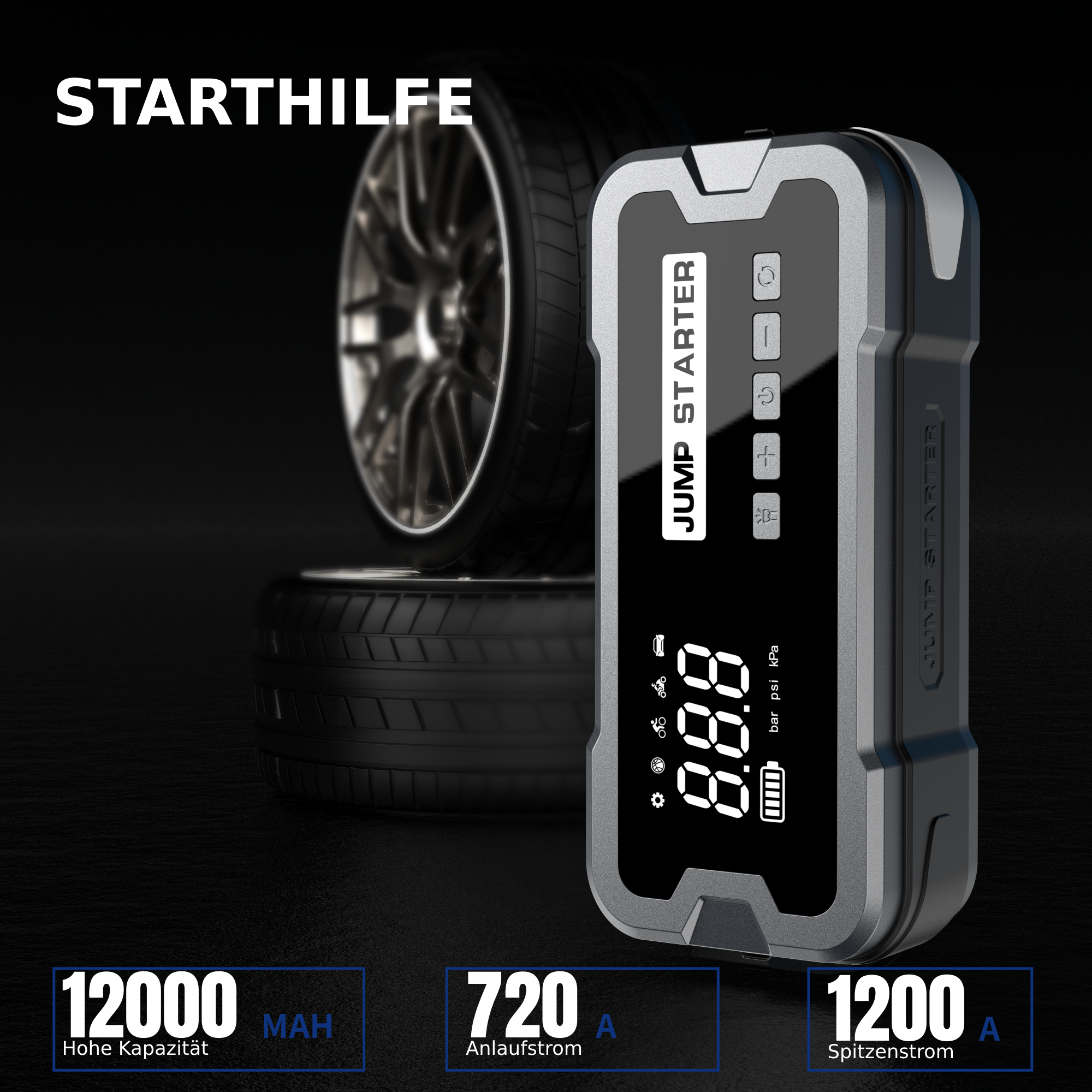 4-in-1 STARTHILFE, LUFTPUMPE, POWERBANK, TASCHENLAMPE