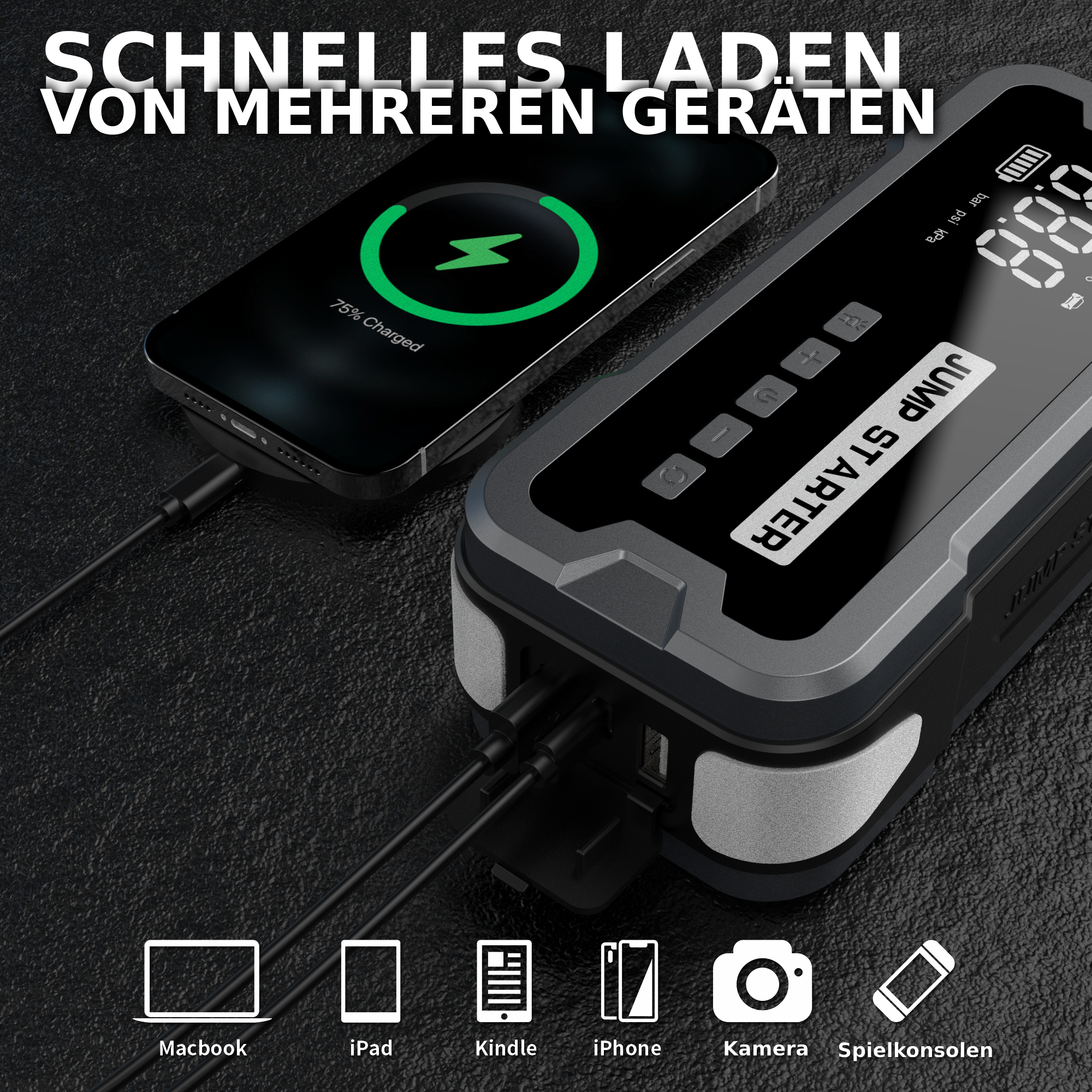 4-in-1 STARTHILFE, LUFTPUMPE, POWERBANK, TASCHENLAMPE